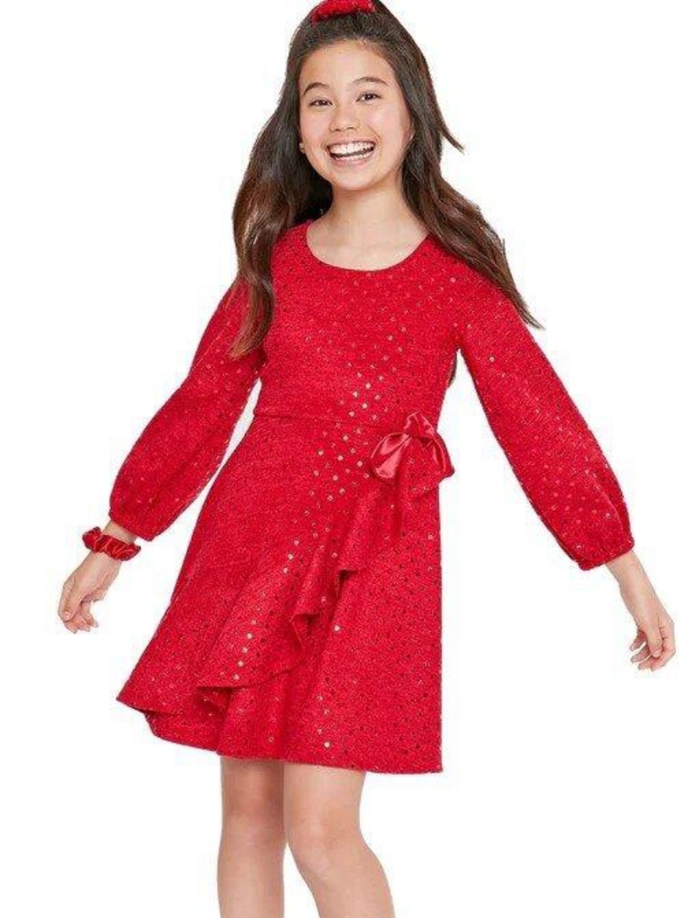 Bonnie Jean Sparkle Red Long-Sleeve Dress with Side Bow